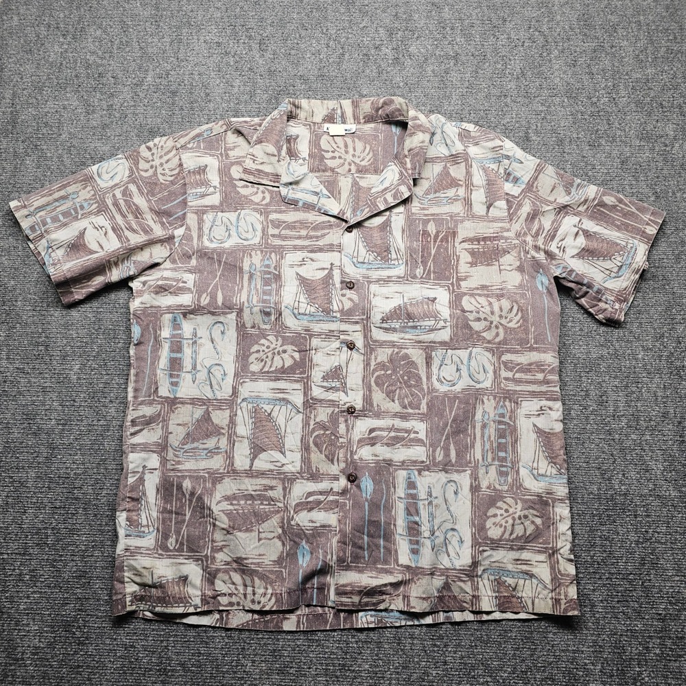 Made in Hawaii Mens XL Aloha Shirt Nautical Sailboat Canoe Print Brown Tan Blue